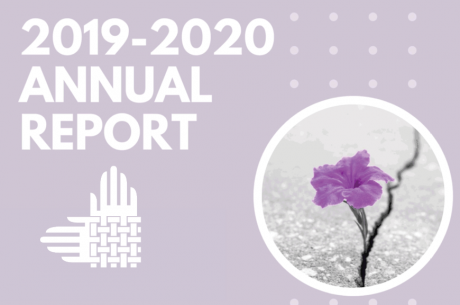 Against a lilac background, "2019-2020 ANNUAL REPORT" is shown in white. Decorative white dots are on the right side of the image, with a circular photo of a purple flower emerging from a crack in a sidewalk. At the bottom is an element of the Partnership's logo, interwoven hands in white.