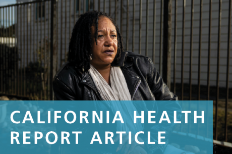 Cat Brooks, Executive Director of Justice Teams Network is shown in a photo. White text in front of a semi-transparent blue background reads, "CALIFORNIA HEALTH REPORT ARTICLE".