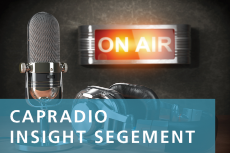 "CapRadio Insight Segment" overlays a microphone and a lit-up "on air" sign.
