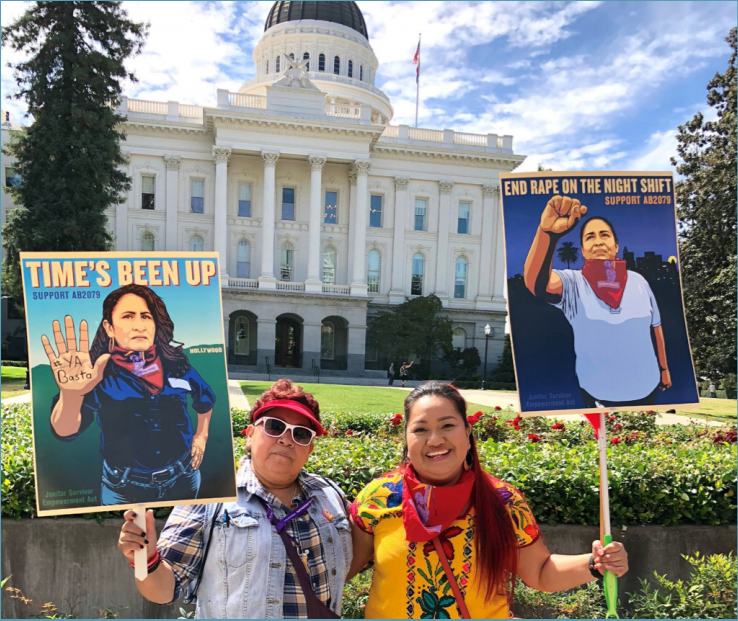 Alejandra and her mother at the State Capitol participating in a rally in support of AB 2079 (Janitor Empowerment Act) for mandatory sexual harassment prevention training. Photo provided by Alejandra Aguilar.