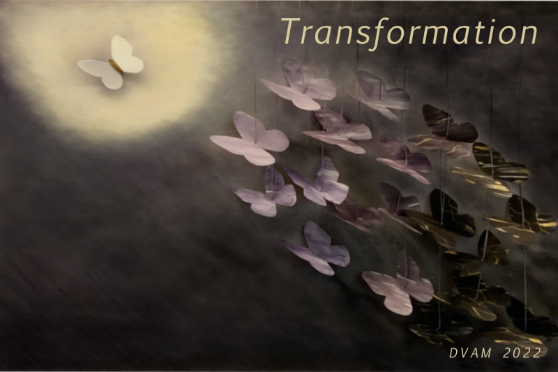 Butterflies appear deep purple in the shadows, and gradually become lighter purple as they fly toward the light. There is a white butterfly in a spotlight in the upper left-hand corner. "Transformation" an "DVAM 2022" are shown toward the top and bottom of the image, respectively.