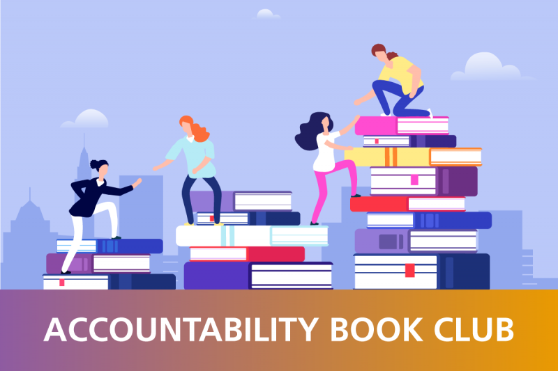 A vector image shows people helping one another up a staircase of books, with a slightly cloudy blue sky and cityscape behind them.  Underneath is a purple to gold gradient rectangle with white text inside, reading, "ACCOUNTABILITY BOOK CLUB".