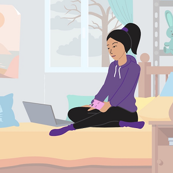 This is an image of Ana, a Filipino American youth. She wears a purple sweatshirt and sits on her bed, with her laptop in front of her. There are stuffed animals and posters in her room, and she is holding her phone. A tree without leaves is outside of her window.
