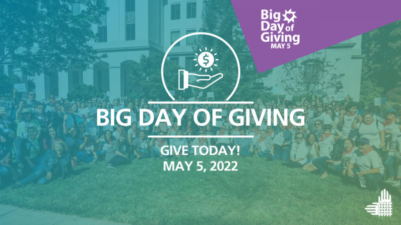 This is an image of people sitting in front of the capitol, with a blue to green gradient overlay. The Big Day of Giving logo is shown on the right against a purple trapezoid, with "May 6" underneath. In the center is an icon of a hand with dollar sign in front of a white circle. Underneath, the following text is shown in white: "BIG DAY OF GIVING | GIVE TODAY! | MAY 6, 2021". In the bottom right-hand corner, there is an element of the Partnership's logo: intertwined hands in white.