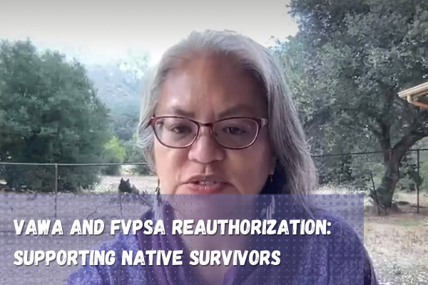 A screenshot of Paula Julian is in the background, with a semi-translucent rectangle is in the foreground. It contains comic book dots, with white text reading, "VAWA AND FVPSA REAUTHORIZATION: SUPPORTING NATIVE SURVIVORS".