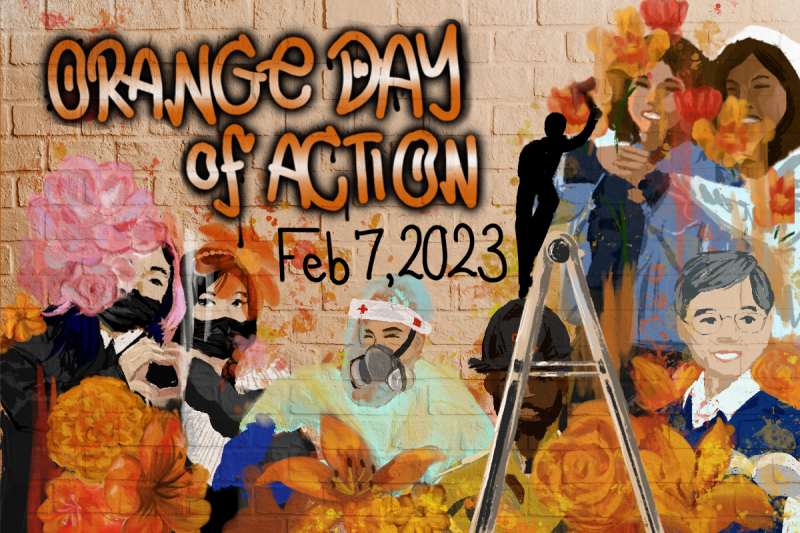 Orange brick wall with a mural.  “Orange Day of Action Feb 7 2023” is in orange, with illustrations of people shown among orange and pink flowers: masked youth showing a heart gesture together, youth hugging, a teacher with a book, a medical professional wearing PPE, and a firefighter. 