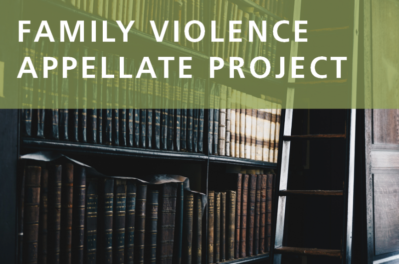Against a photo of a legal library, there is a semi-translucent green rectangle with "FAMILY VIOLENCE APPELLATE PROJECT" in white.