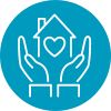 blue icon with two hands holding a house with a heart