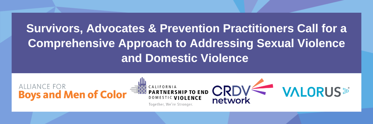 Against a background with periwinkle, blue and purple triangles, a dark purple rectangle contains white text reading, " Survivors, Advocates & Prevention Practitioners Call for a Comprehensive Approach to Addressing Sexual Violence and Domestic Violence”. A white rectangle contains logos from the Alliance for Boys and Men of Color, the California Partnership to End Domestic Violence, CRDV Network, and VALORUS. 