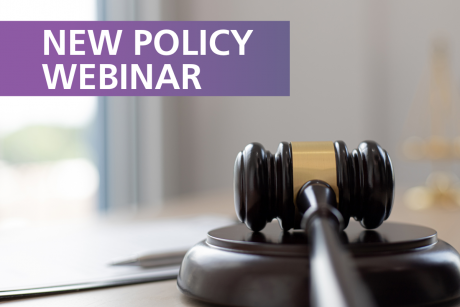 text reads "new policy webinar". Background image contains a gavel.
