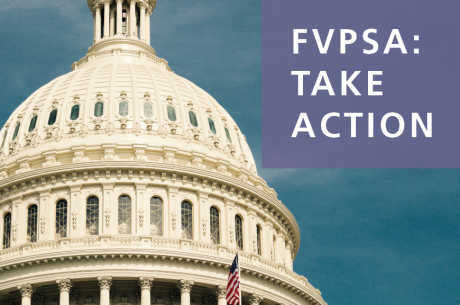 Against an image of the U.S. Capitol, there is a purple rectangle with white text in front of it. It reads, "FVPSA: TAKE ACTION".