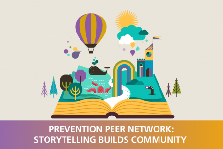An illustration of an open book is shown with colorful elements: a hot air balloon, a sun and clouds, a rainbow, trees, a whale, and a tower. Underneath is white text in front of a magenta to goldenrod gradient, reading, "Prevention Peer Network: Storytelling Builds Community".
