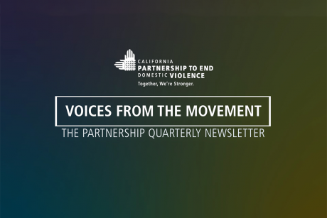 Against a background with multiple colors in a gradient, the logo for the California Partnership to End Domestic Violence is in white. Underneath is white text with a border around it, reading, "VOICES FROM THE MOVEMENT".  Below is white text reading, "The Partnership Quarterly Newsletter".