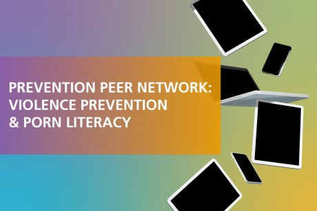 Against a purple, blue, green, and yellow gradient background, laptops are shown tumbling down on the right-hand side. There is a purple to gold gradient rectangle on the left side, with white text reading," PREVENTION PEER NETWORK: VIOLENCE PREVENTION & PORN LITERACY".