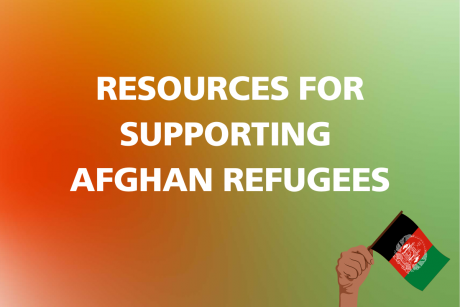 "Resources for Supporting Afghan Refugees" with hand waving Afghan flag in corner