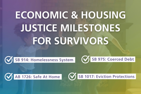 Against a rainbow-tinted photo of a parent and child high-fiving, white text reads, "ECONOMIC & HOUSING JUSTICE MILESTONES FOR SURVIVORS". Below, white checkmarks are next to rectangles in the same color, with purple text reading, "SB 914: Homelessness System, SB 975: Coerced Debt, AB 1726: Safe At Home, SB 1017: Eviction Protections".
