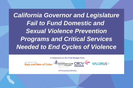blue background with white text that says "California Governor and Legislature Fail to Fund Domestic and Sexual Violence Prevention Programs and Critical Services Needed to End Cycles of Violence". Underneath in small text it says "A Statement on the Final Budget from:" and then has logos for the Alliance for Boys and Men of Color, The California Partnership to End Domestic Violence, Culturally Responsive Domestic Violence Network, and VALOR
