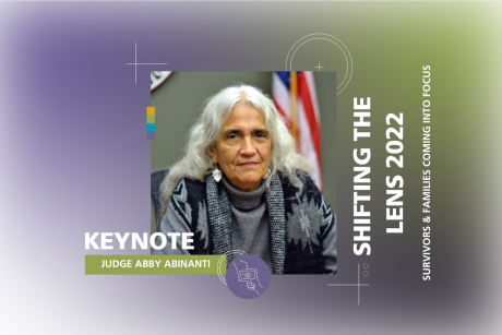 Against a white, purple, and green background, Keynote Judge Abby Abinanti & Shifting the Lens logo are shown over her headshot. Shifting the Lens 2022: Survivors & Families Coming into Focus is along right side of her headshot in white.