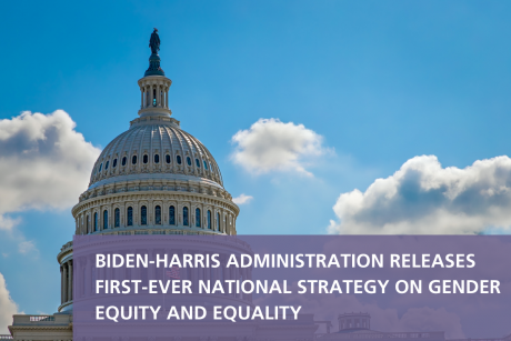 Against a photo of the U.S. Capitol with a blue sky & clouds behind it, there is a semi-translucent purple rectangle with white text in front. It reads, "BIDEN-HARRIS ADMINISTRATION RELEASES FIRST-EVER NATIONAL STRATEGY ON GENDER EQUITY AND EQUALITY".