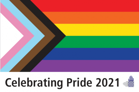 Underneath a Pride Flag, the text "Celebrating Pride 2021" is shown next to intertwined hands in purple and gray (an element of the Partnership's logo).