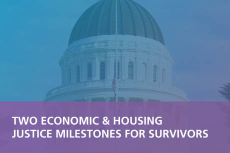 Against a photo of the California State Capitol with a blue gradient above it, a semi-translucent rectangle contains white text, reading, "TWO ECONOMIC & HOUSING  JUSTICE MILESTONES FOR SURVIVORS".