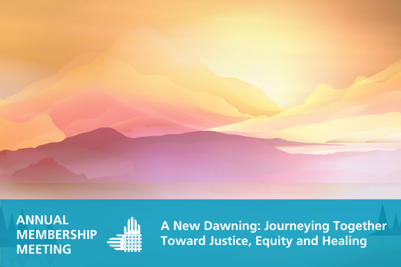This is a vector image of a sun rising over a misty purple toned mountain, with pine trees on either side of a channel. At the bottom is a blue rectangle with white text reading, "ANNUAL MEMBERSHIP MEETING" and "A New Dawning: Journeying Together Toward Justice, Equity and Healing". In the center of the text is an element of the Partnership's logo--intertwined hands--in white.