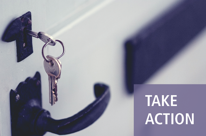 A key is shown in a lock, with a black handle and mail slot beneath and next to it. "TAKE ACTION" is shown in white against a purple rectangle.