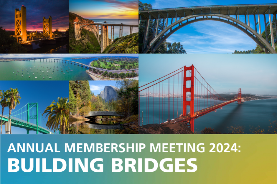 Composite image of 7 different iconic bridges across california. On the bottom is text that reads : Annual Membership Meeting 2024 Building Bridges