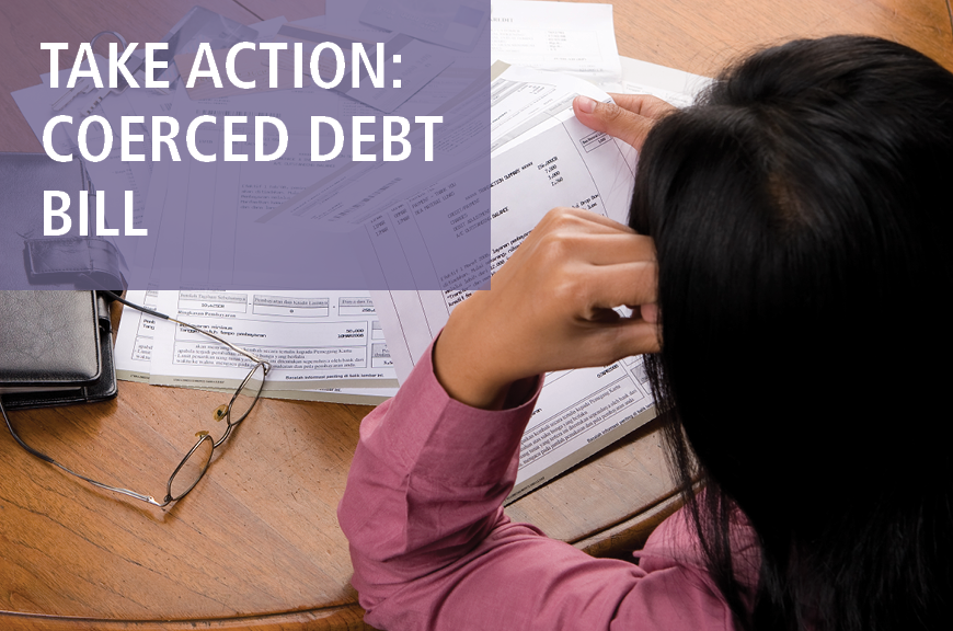 A person is sitting at a table with their hand on their head. They are looking at a pile of bills. "TAKE ACTION: COERCED DEBT BILL" is shown in white against a semi-translucent purple rectangle.