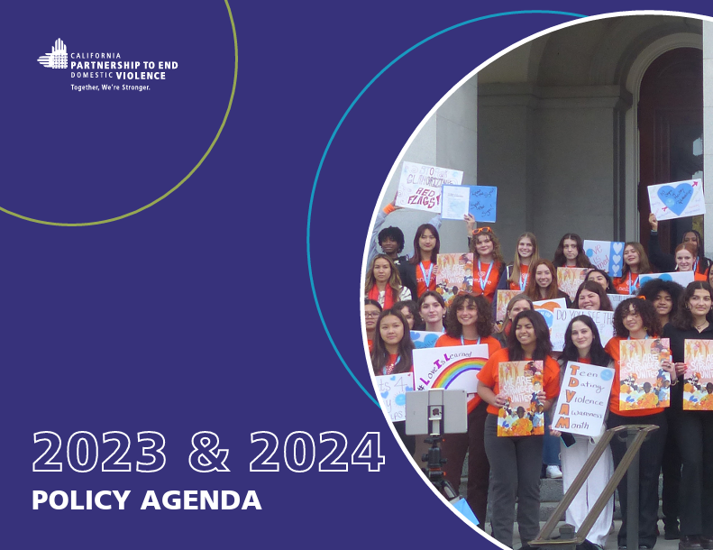 Thumbnail of front page of policy agenda. On right is photo of teens from Orange Day Rally against teen dating violence. On left is text that reads "2023 & 2024 policy agenda". Top left corner is logo of california partnership to end domestic violence