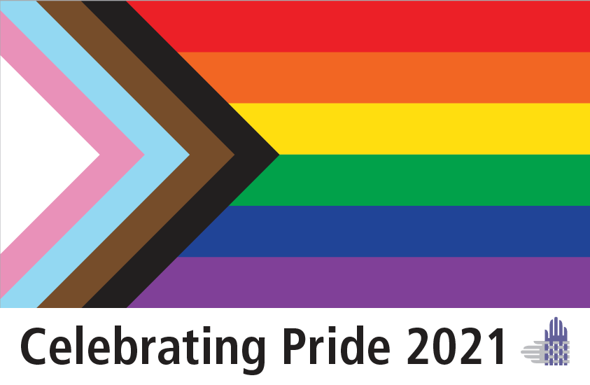 The Pride Flag is shown with black text reading, "Celebrating Pride 2021". An element of the Partnership's logo, intertwined hands in purple and gray, is shown to the right.
