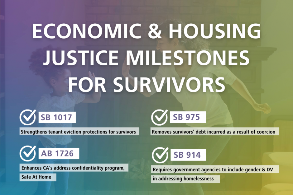 Against a rainbow-tinted photo of a parent and child high-fiving, white text reads, "ECONOMIC & HOUSING JUSTICE MILESTONES FOR SURVIVORS". Below, white checkmarks are next to rectangles in the same color, with purple text reading, "SB 914: Homelessness System, SB 975: Coerced Debt, AB 1726: Safe At Home, SB 1017: Eviction Protections".