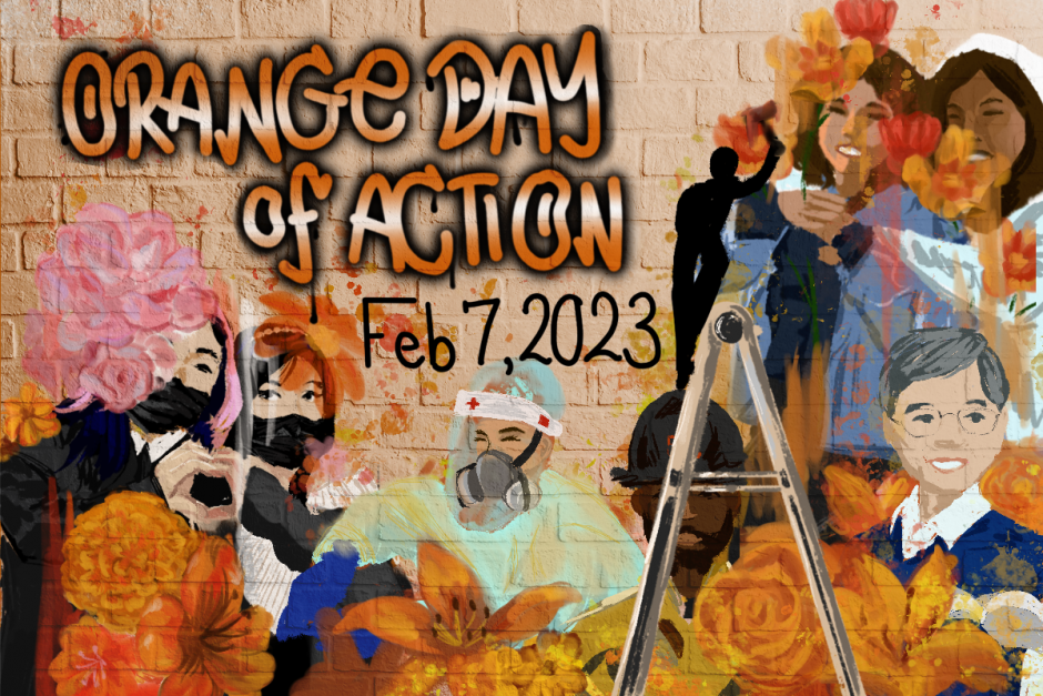 Orange brick wall with a mural.  “Orange day of action Feb 7 2023” is in orange, with illustrations of people shown among orange and pink flowers: masked youth showing a heart gesture together, youth hugging, a teacher with a book, a medical professional wearing PPE, and a firefighter. 