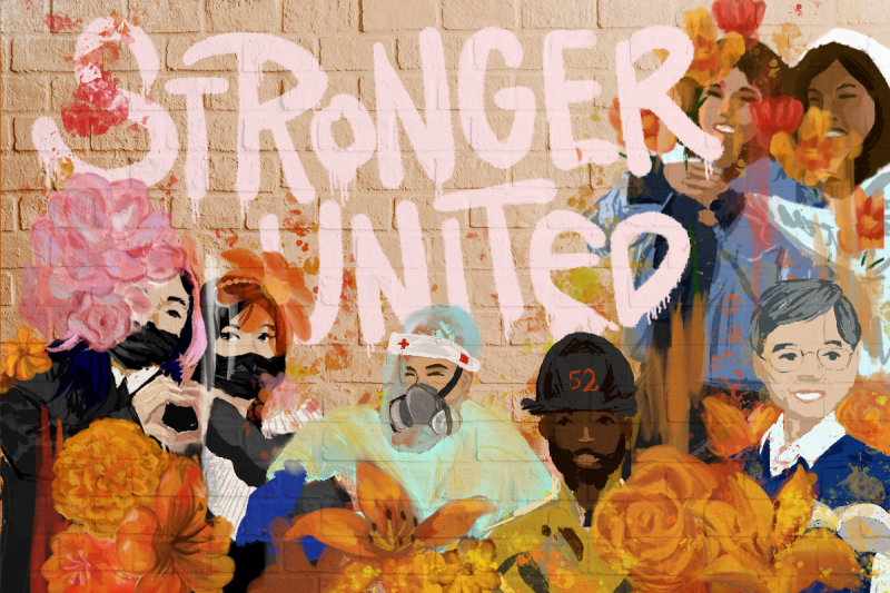Orange brick wall with a mural.  “STRONGER UNITED” is in pink, with illustrations of people shown among orange and pink flowers: masked youth showing a heart gesture together, youth hugging, a teacher with a book, a medical professional wearing PPE, and a firefighter. 