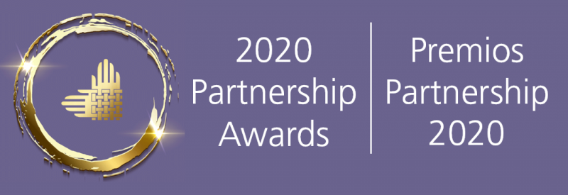 A gleaming gold circle is shown, with the Partnership logo's interconnected hands in the center. To the right, white text reads, "2020 Partnership Awards | Premios Partnership 2020"