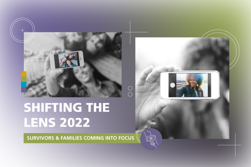 Against a gradient purple to green background with camera imagery, there are black and white images of a group and individual taking selfies. Their cell phones are in color. In the bottom left-hand corner is white text reading, "SHIFTING THE LENS 2021", with a white icon of hands making a camera gesture against a purple circle.  Underneath is white text against a purple rectangle, reading, "SURVIVORS & FAMILIES COMING INTO FOCUS". 
