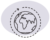 This is an outline of a globe icon in black, with a dashed arrow encircling it. Everything is shown against a lavender oval.